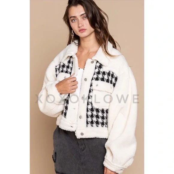 POL Houndstooth Print Sherpa Jacket Button Down Oversized Fit - Picture 12 of 13